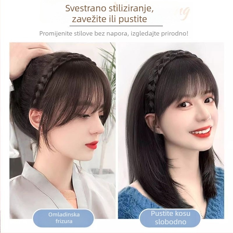 Perika s trakom za glavu i šiškama, prirodna ljudska kosa, ravna kosa, model Headband bangs, mehanička obrada