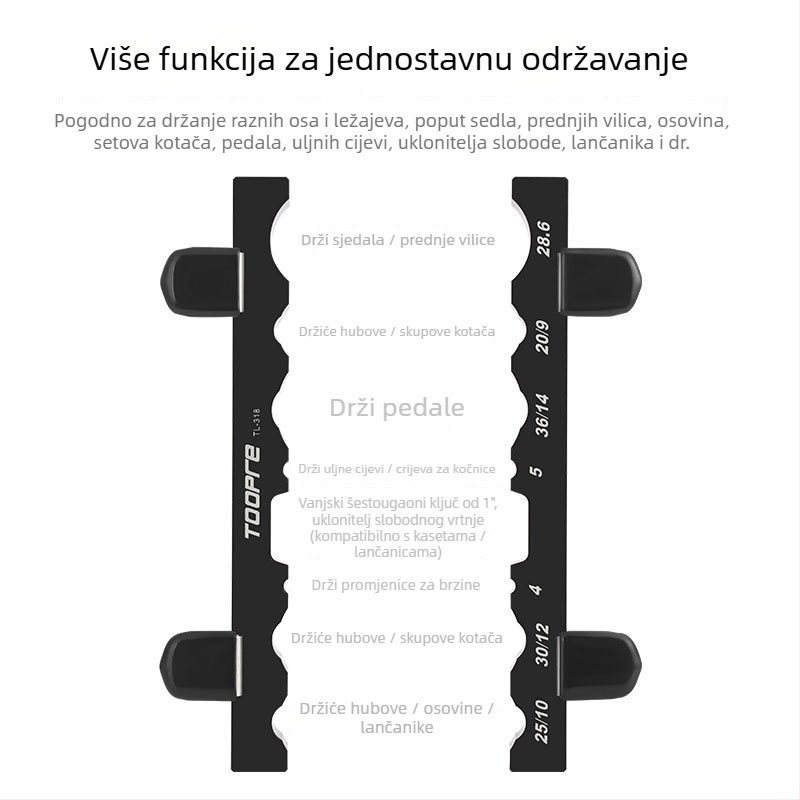 TOOPRE popravljački držač za bicikl — višenamjenski stezalj za prednju vilicu, osovinu i pedalu, aluminijska legura, prilagodba dostupna