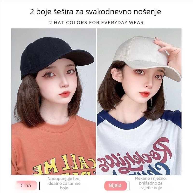 Ženska integrirana perika u baseball kapici, prirodna bob frizura, kratke ravne kose, ljeto