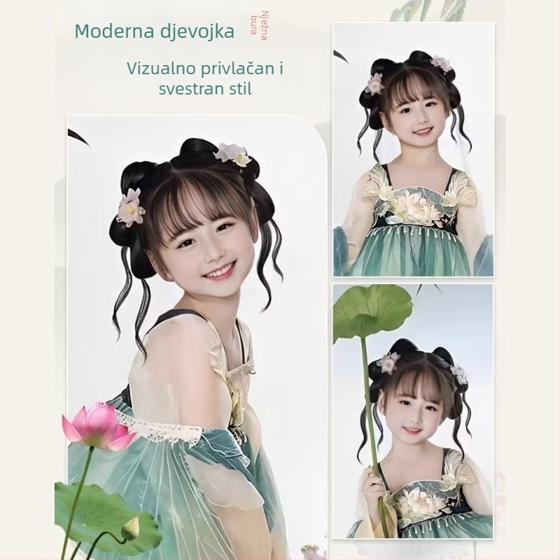 Dječja perika s repom za Hanfu cosplay, Duckbill klipsa i ukrasna mašna, model 7055, visokotemperaturna žica, bez toplinske boje