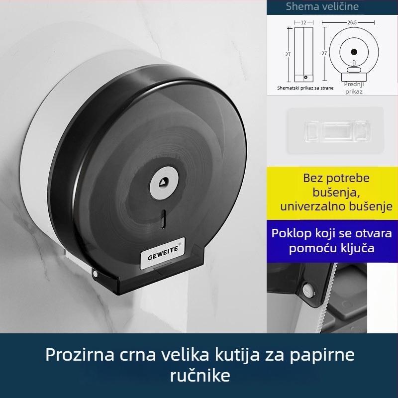Zidni držač za veliku rolu toaletnog papira s rotirajućim zaključavanjem, od plastike, vodootporan
