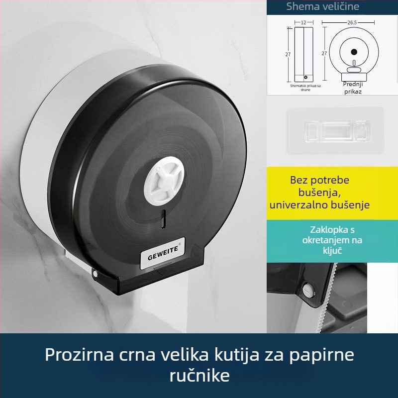 Zidni držač za veliku rolu toaletnog papira s rotirajućim zaključavanjem, od plastike, vodootporan