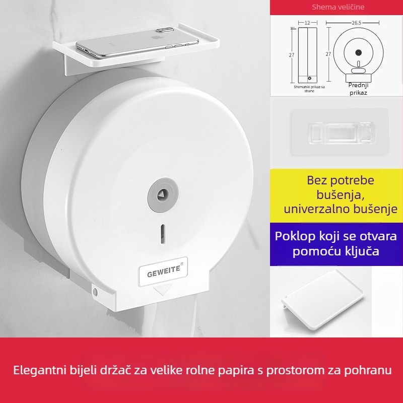 Zidni držač za veliku rolu toaletnog papira s rotirajućim zaključavanjem, od plastike, vodootporan