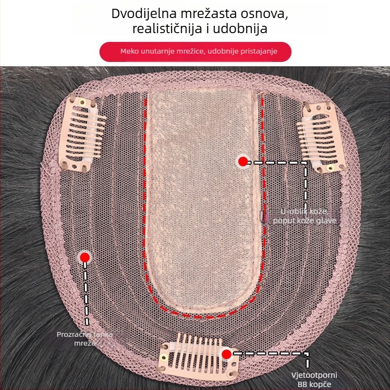 Damski dio perike – prirodna kosa, ravna, zamjenski dio s crvenom mrežom šavom, prozračan, bojanje ili pegla dopuštena