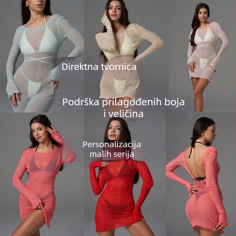 Prozirna pletena plažna haljina-zaštita, zaobljeni vrat, dugi rukavi, opuštena silueta, kratka A-linija suknja