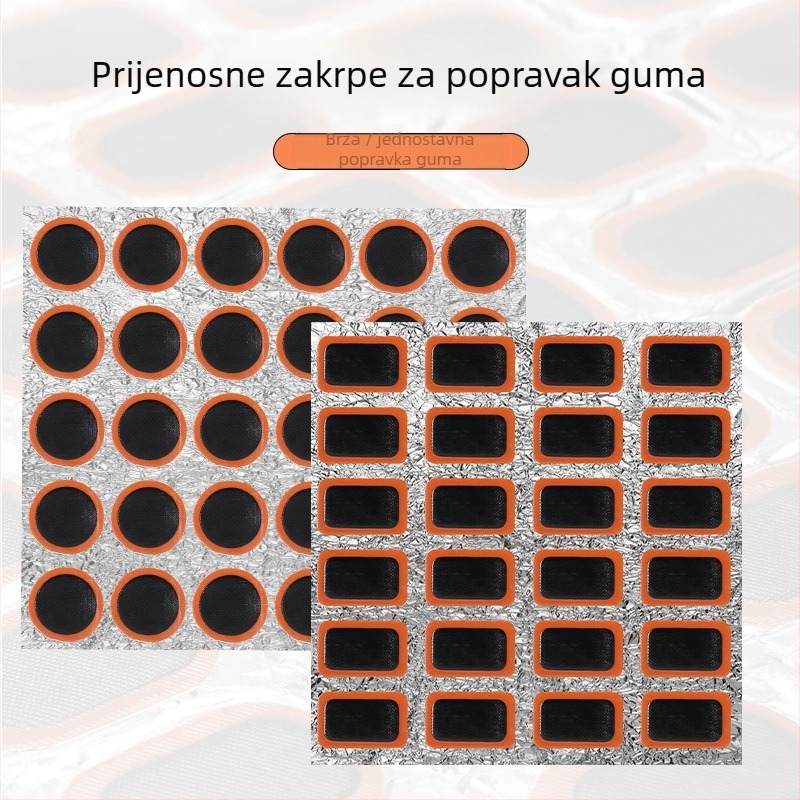 Set za popravak guma za planinski bicikl – prijenosni, gumene zakrpe; materijal: guma; kategorija: zakrpe za gume; uvoz: ne; licencirane privatne marke: da