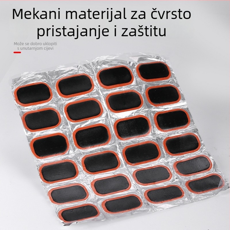 Set za popravak guma za planinski bicikl – prijenosni, gumene zakrpe; materijal: guma; kategorija: zakrpe za gume; uvoz: ne; licencirane privatne marke: da
