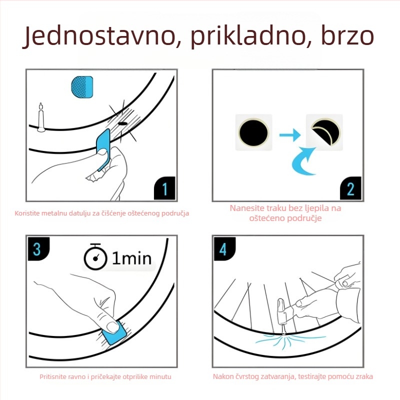 Set za popravak guma za planinski bicikl – prijenosni, gumene zakrpe; materijal: guma; kategorija: zakrpe za gume; uvoz: ne; licencirane privatne marke: da