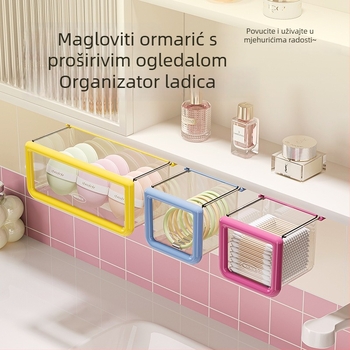 Zidni organizator kozmetike za kupaonicu, s prostorom za vatne diskove i uklanjanje šminke, ogledalo i kutija sa ladicom