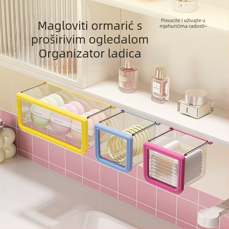 Zidni organizator kozmetike za kupaonicu, s prostorom za vatne diskove i uklanjanje šminke, ogledalo i kutija sa ladicom