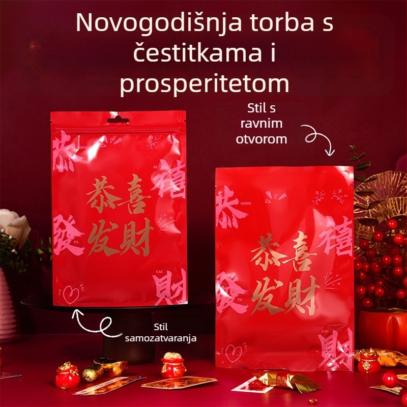 Novogodišnja kutija sreće – tajna vrećica sa samouzavaranjem, crvena aluminijska folija, plosnata vrećica za darove i grickalice