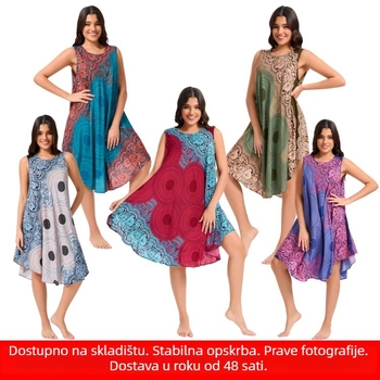 B002 Boemska ležerna haljina za plus veličinu, pamuk-saten smjesa, A-linija, bez rukava, U-izrez, midi duljina, za plažu i odmor