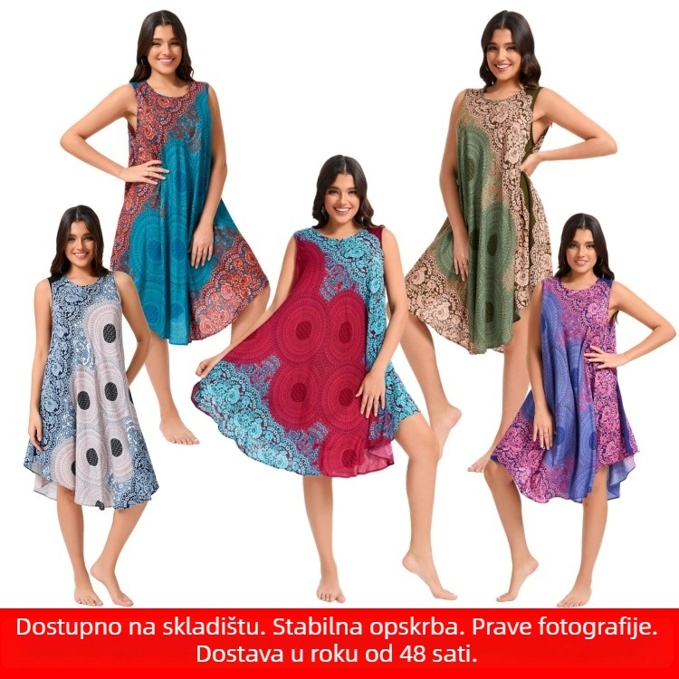 B002 Boemska ležerna haljina za plus veličinu, pamuk-saten smjesa, A-linija, bez rukava, U-izrez, midi duljina, za plažu i odmor