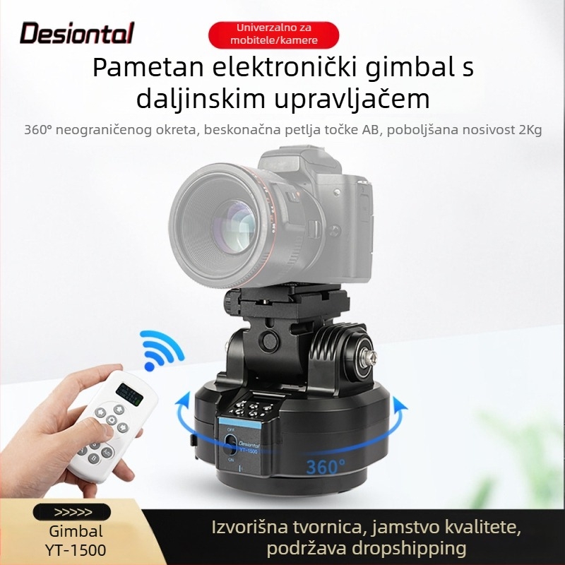 Desiontal električni gimbal za pametni telefon s daljinskim upravljačem – horizontalno okretanje 360°, vertikalno naginjanje 54°, montaža s 1/4 vijkom, aluminij/ABS