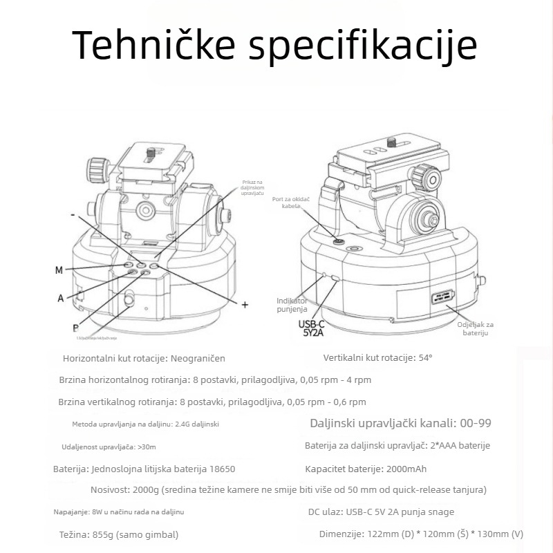Desiontal električni gimbal za pametni telefon s daljinskim upravljačem – horizontalno okretanje 360°, vertikalno naginjanje 54°, montaža s 1/4 vijkom, aluminij/ABS