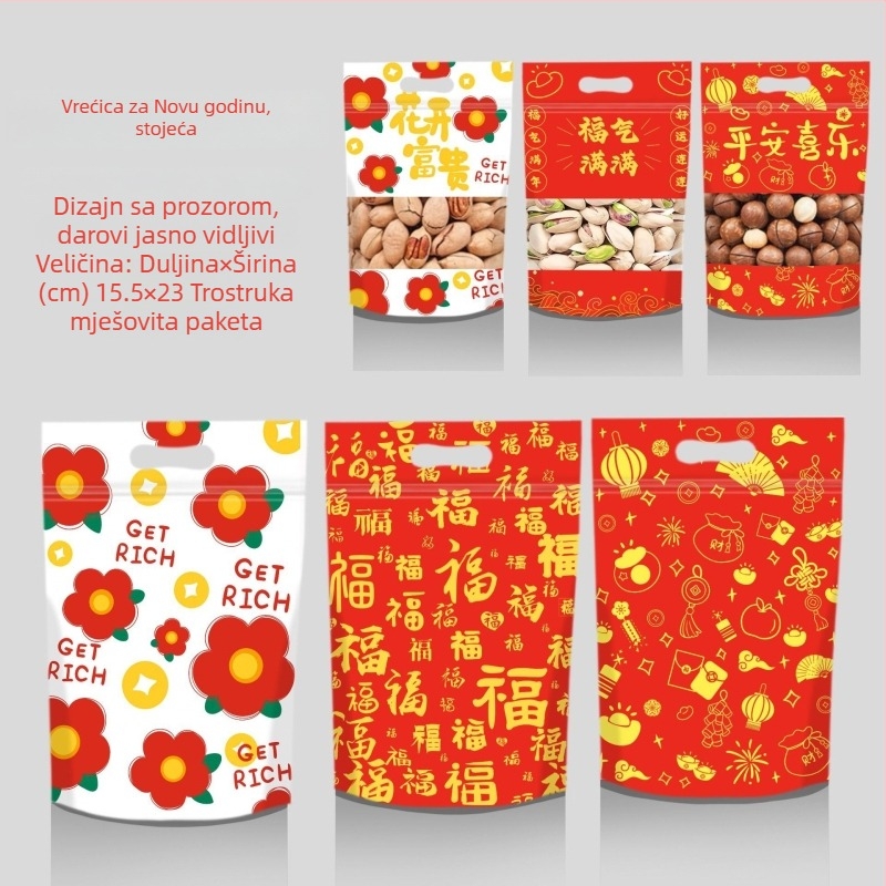Torba za pakiranje nugata Snowflake Crispy, Zhejiang, Kina; Materijal: kompozitna plastična vrećica; Namjena: pakiranje hrane; Duljina zatvaranja: 10–30 cm