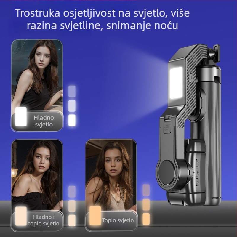 Inteligentni gimbal za pametni telefon s AI prepoznavanjem lica — 360° rotacija, praćenje lica, stabilizacija, ugrađeno svjetlo za prijenos uživo