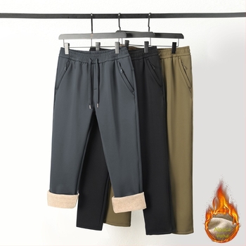 Muške casual hlače ravnog kroja — 100% poliester, debeli zimski materijal, srednje visoki pojas, s remenom i vezicama za zatvaranje (100% poliester, ravni kroj, debeli zimski materijal, srednji visoki pojas, remen)