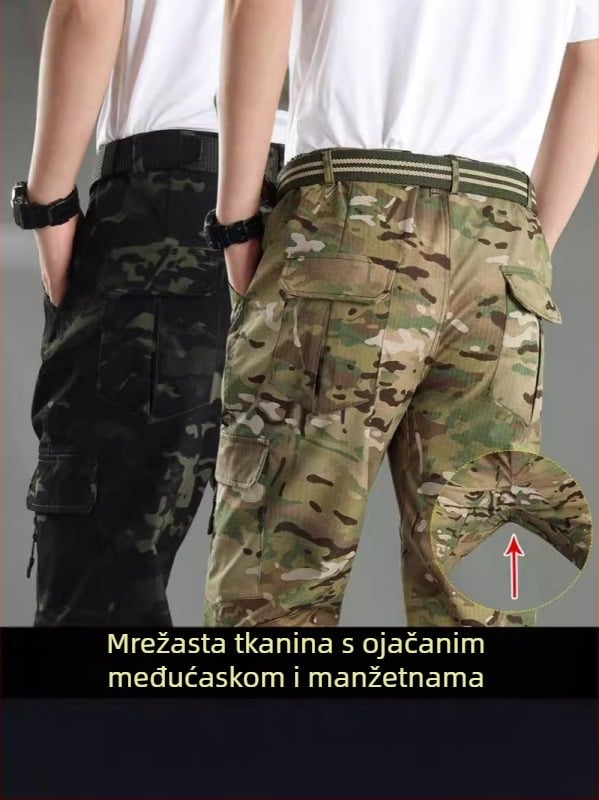 Muške radne hlače s elastičnim kamuflažnim uzorkom, s više džepova, otporne na kidanje, poliester