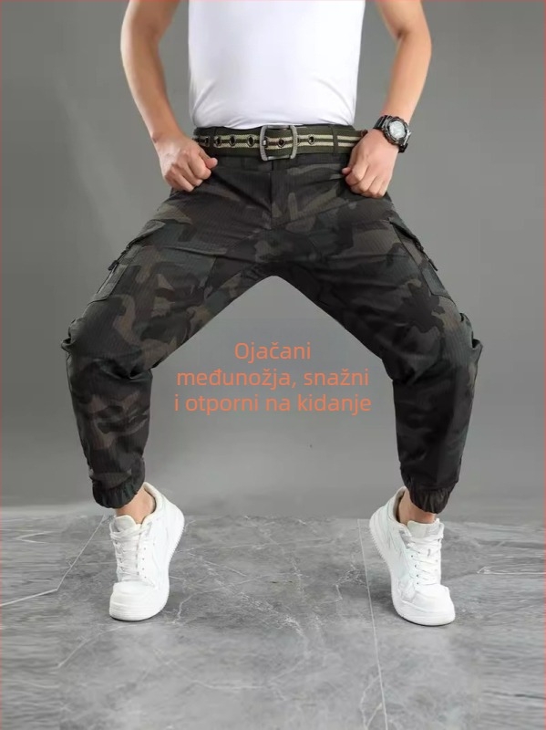 Muške radne hlače s elastičnim kamuflažnim uzorkom, s više džepova, otporne na kidanje, poliester