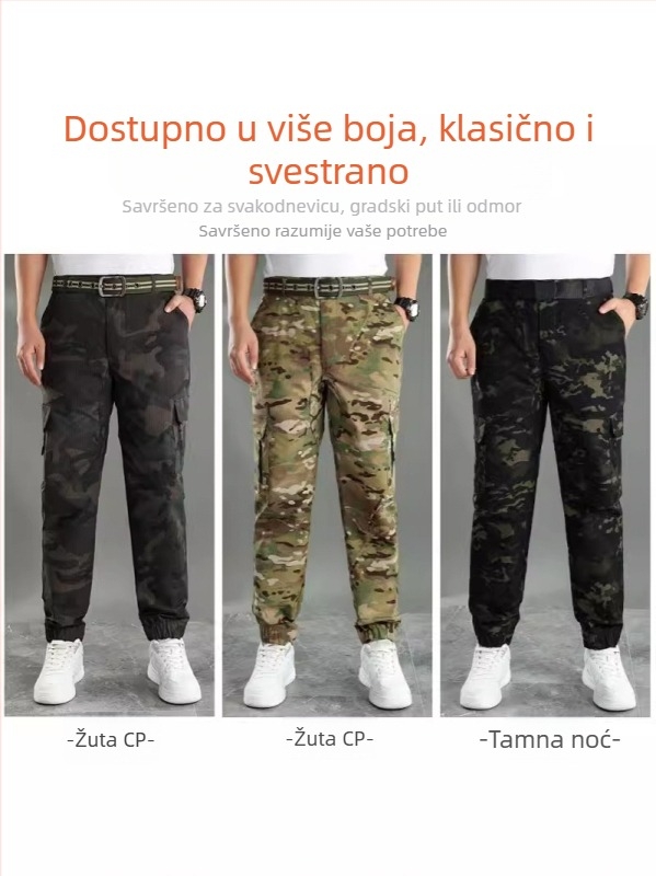 Muške radne hlače s elastičnim kamuflažnim uzorkom, s više džepova, otporne na kidanje, poliester