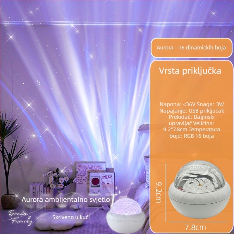 Projekt polarne svjetlosti sa zvjezdanim nebom, rotirajuća stolna noćna lampa, USB napajanje, 5V, daljinski upravljač