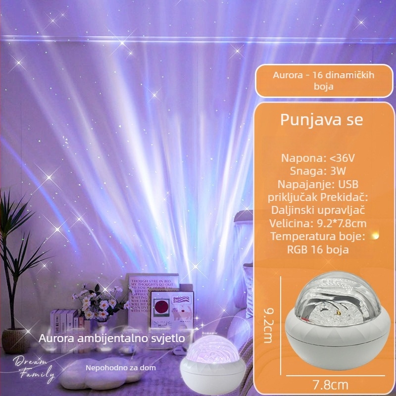 Projekt polarne svjetlosti sa zvjezdanim nebom, rotirajuća stolna noćna lampa, USB napajanje, 5V, daljinski upravljač
