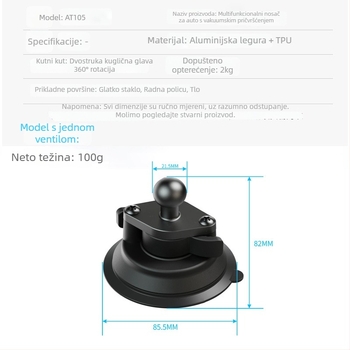 Weijiesi Univerzalni nosač za mobitel u automobilu s vakuum podnošom i kugličnom glavom, materijal: plast + aluminijska legura