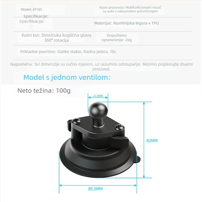 Weijiesi Univerzalni nosač za mobitel u automobilu s vakuum podnošom i kugličnom glavom, materijal: plast + aluminijska legura