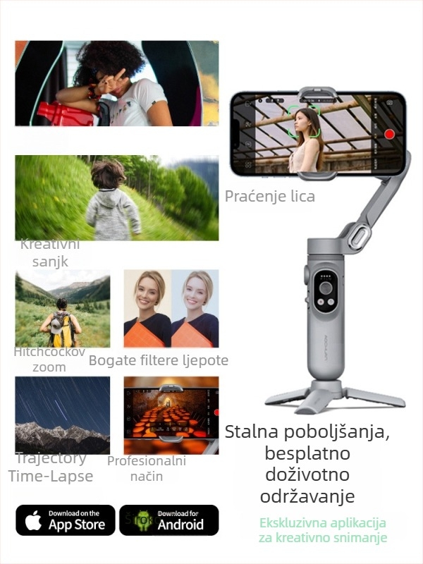 Okawa stabilizator za mobilni telefon, kompaktni sklopivi gimball za vloganje i prijenos uživo; Bluetooth podrška; bez daljinskog upravljača; podrška prilagodbi; licencirana privatna oznaka