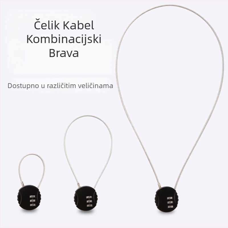 Okružni kabelski zamak — kombinacijski sigurnosni zamak za torbe, prtljagu i kacige; materijal: cinkov spoj i čelik; moderan minimalistički stil