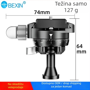 Beixin mini panoramska invertirana kuglasta glava za DSLR/mirrorless fotoaparate — 360° horizontalno i vertikalno okretanje, aluminijska legura, težina 127 g