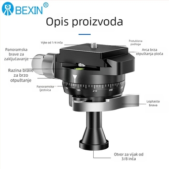 Beixin mini panoramska invertirana kuglasta glava za DSLR/mirrorless fotoaparate — 360° horizontalno i vertikalno okretanje, aluminijska legura, težina 127 g