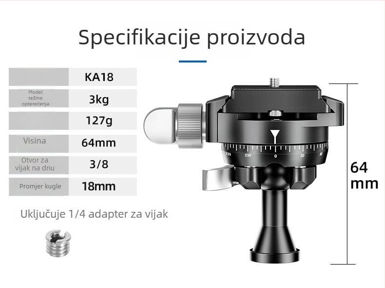 Beixin mini panoramska invertirana kuglasta glava za DSLR/mirrorless fotoaparate — 360° horizontalno i vertikalno okretanje, aluminijska legura, težina 127 g