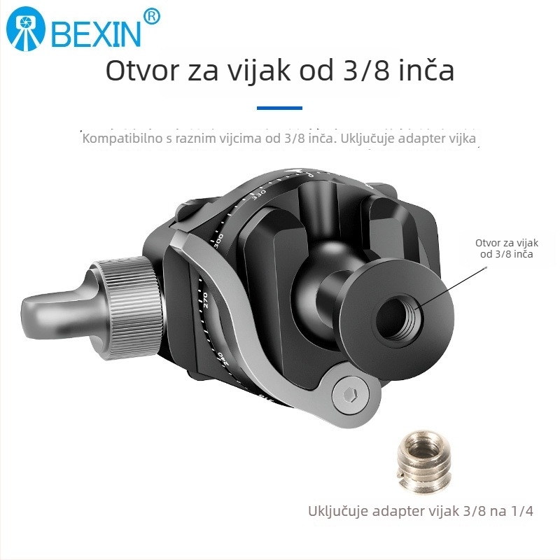 Beixin mini panoramska invertirana kuglasta glava za DSLR/mirrorless fotoaparate — 360° horizontalno i vertikalno okretanje, aluminijska legura, težina 127 g