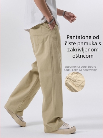 Muške hlače od 100% pamuka, scimitar stil, opuštene ravne širokih nogavica, srednji pojas, gumb za zatvaranje