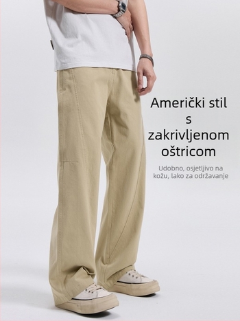 Muške hlače od 100% pamuka, scimitar stil, opuštene ravne širokih nogavica, srednji pojas, gumb za zatvaranje