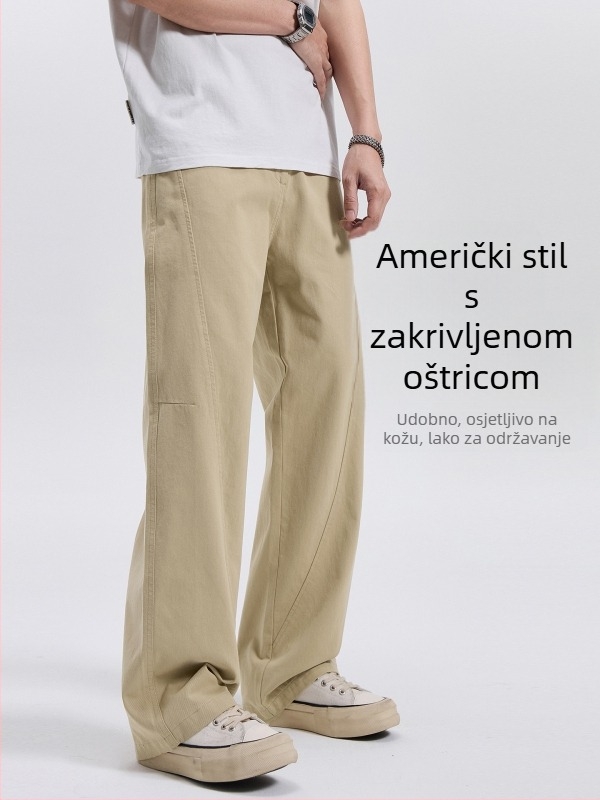 Muške hlače od 100% pamuka, scimitar stil, opuštene ravne širokih nogavica, srednji pojas, gumb za zatvaranje
