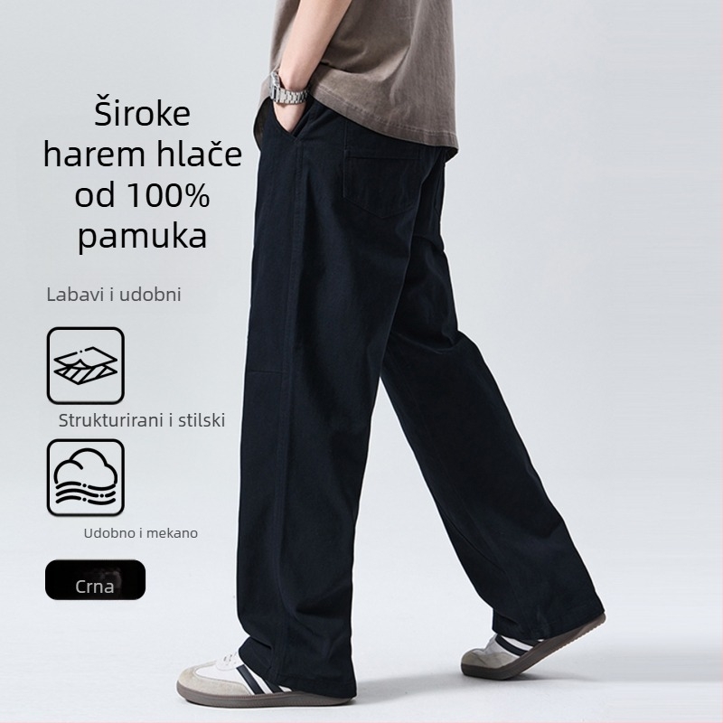 Muške hlače od 100% pamuka, scimitar stil, opuštene ravne širokih nogavica, srednji pojas, gumb za zatvaranje