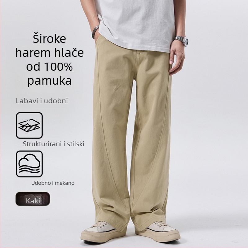 Muške hlače od 100% pamuka, scimitar stil, opuštene ravne širokih nogavica, srednji pojas, gumb za zatvaranje