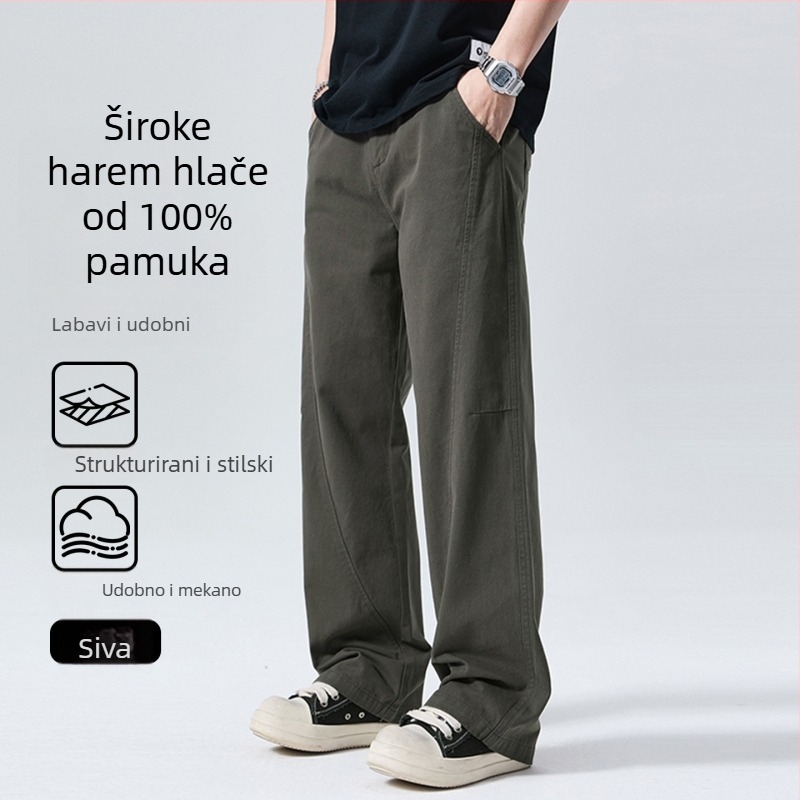 Muške hlače od 100% pamuka, scimitar stil, opuštene ravne širokih nogavica, srednji pojas, gumb za zatvaranje