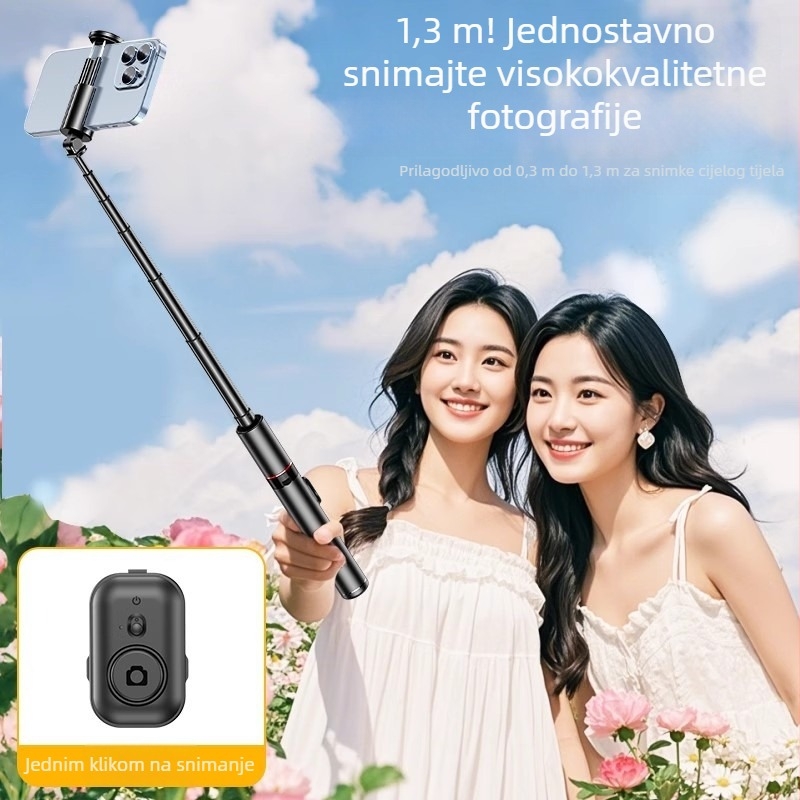 Bluetooth selfie štapić s tripodom — prijenosni mini držač za telefon, stabilizacija slike, ABS kućište, daljinski upravljač