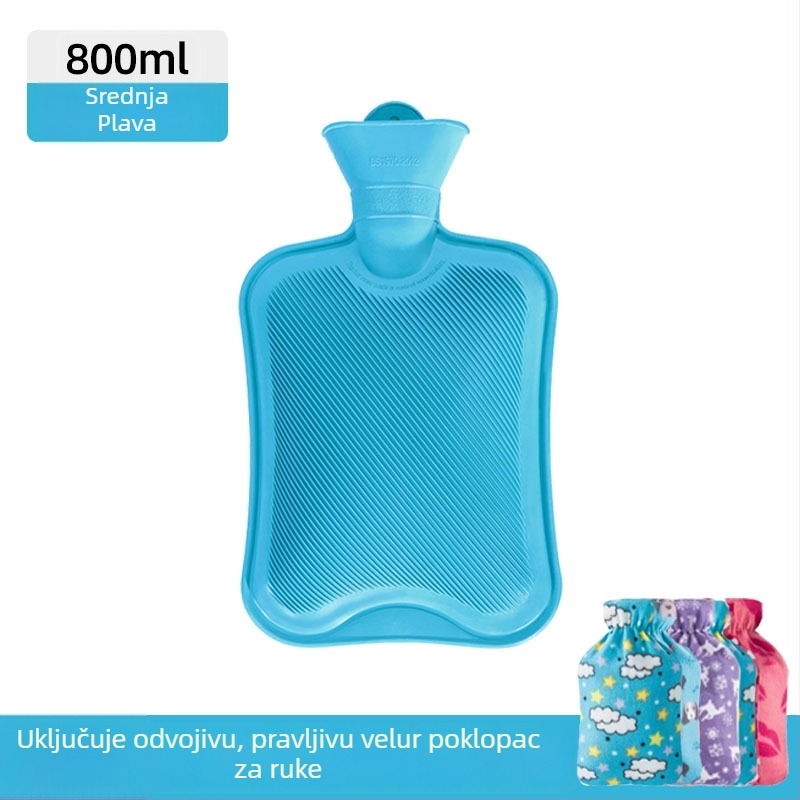 Gumena boca tople vode napunjena vodom, deblja i otporna na curenje, za ruke, trbuh i noge (težina 0.3 kg; materijal: guma; način zagrijavanja: napuniti vodom; primijenjeni dijelovi: ruke, trbuh, noge)