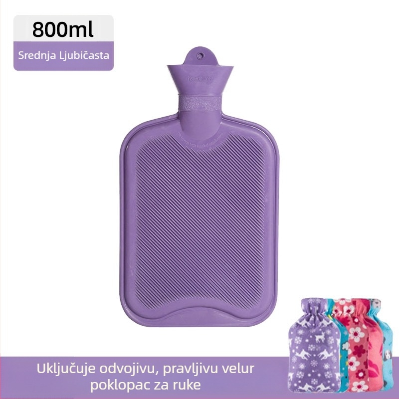 Gumena boca tople vode napunjena vodom, deblja i otporna na curenje, za ruke, trbuh i noge (težina 0.3 kg; materijal: guma; način zagrijavanja: napuniti vodom; primijenjeni dijelovi: ruke, trbuh, noge)