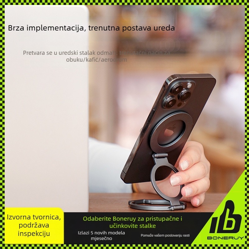 Boneruy sklopivi 2-u-1 držač za telefon s prstenom, aluminijska legura, magnetska držač, model T15, za stolnu i vanjsku upotrebu