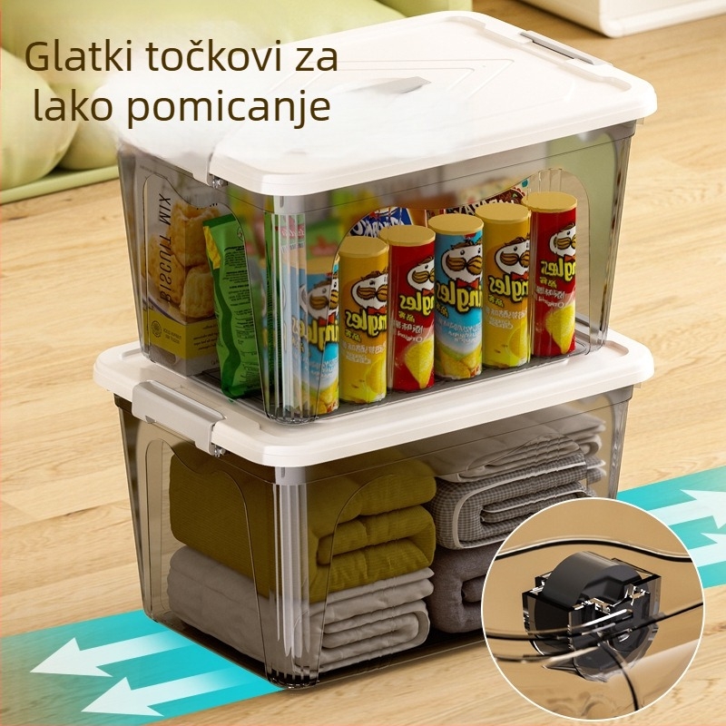 Plastična kutija za skladištenje za kućnu upotrebu – PP materijal, kapacitet 10–20 L, s kotačićima, ručno nošenje, poklopac sa zatvaračem klik