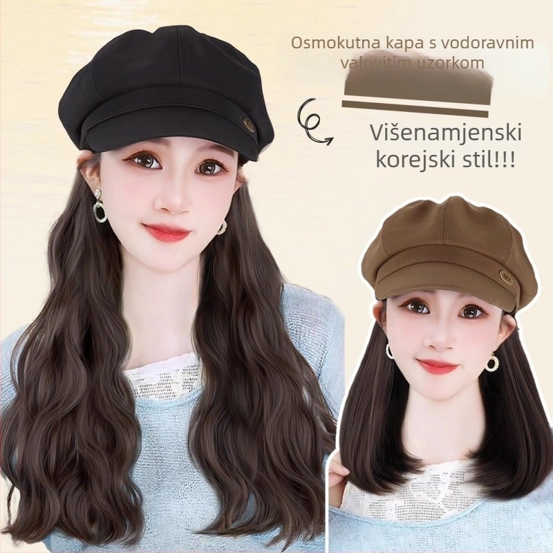 Šešir-peruka sve-u-jednom: dugačka kovrčava kosa, korejski stil, djelomično ručno tkanje, proteinsko svilo, pogodno za bojanje i trajnu
