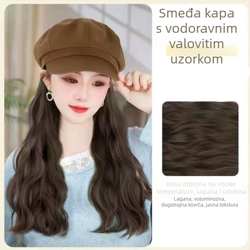 Šešir-peruka sve-u-jednom: dugačka kovrčava kosa, korejski stil, djelomično ručno tkanje, proteinsko svilo, pogodno za bojanje i trajnu