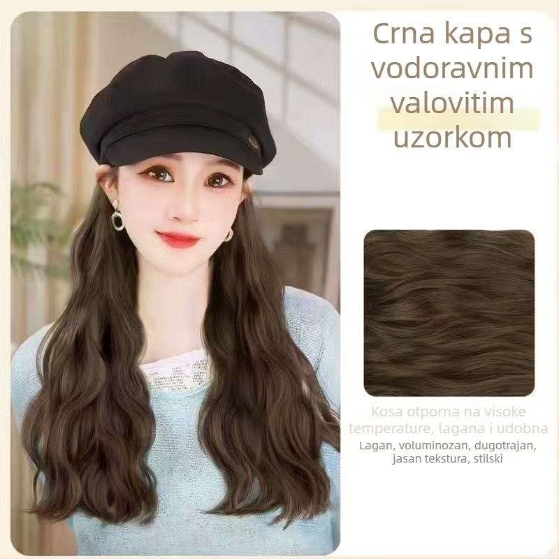 Šešir-peruka sve-u-jednom: dugačka kovrčava kosa, korejski stil, djelomično ručno tkanje, proteinsko svilo, pogodno za bojanje i trajnu