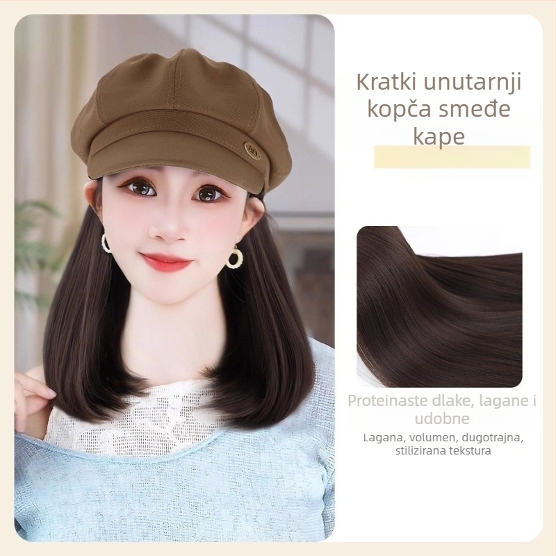 Šešir-peruka sve-u-jednom: dugačka kovrčava kosa, korejski stil, djelomično ručno tkanje, proteinsko svilo, pogodno za bojanje i trajnu